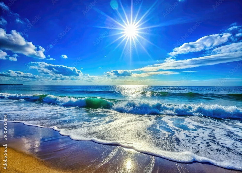Calm blue ocean waves softly lap against the shore under a clear sky filled with bright sunshine, creating a serene and tranquil coastal atmosphere. Calm blue ocean waves softly lap against the shore under a clear sky filled with bright sunshine, creating a serene and tranquil coastal atmosphere.