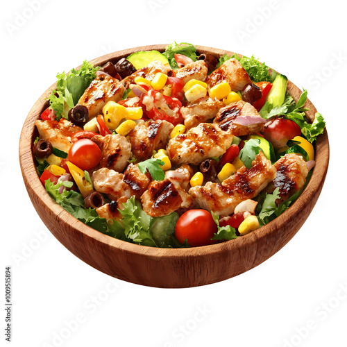 Fresh Salad Topped With Grilled Chicken, Corn, Cherry Tomatoes, and Olives, Served in a Wooden Bowl at a Summer Gathering