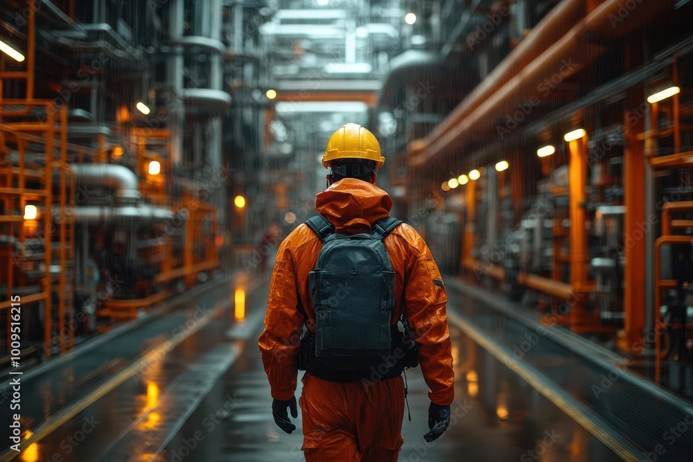 an offshore oil rig worker walking towards the facility dressed in safety gear framed by the industrial landscape of an oil and gas processing area an offshore oil rig worker walking towards the facility dressed in safety gear framed by the industrial landscape of an oil and gas processing area