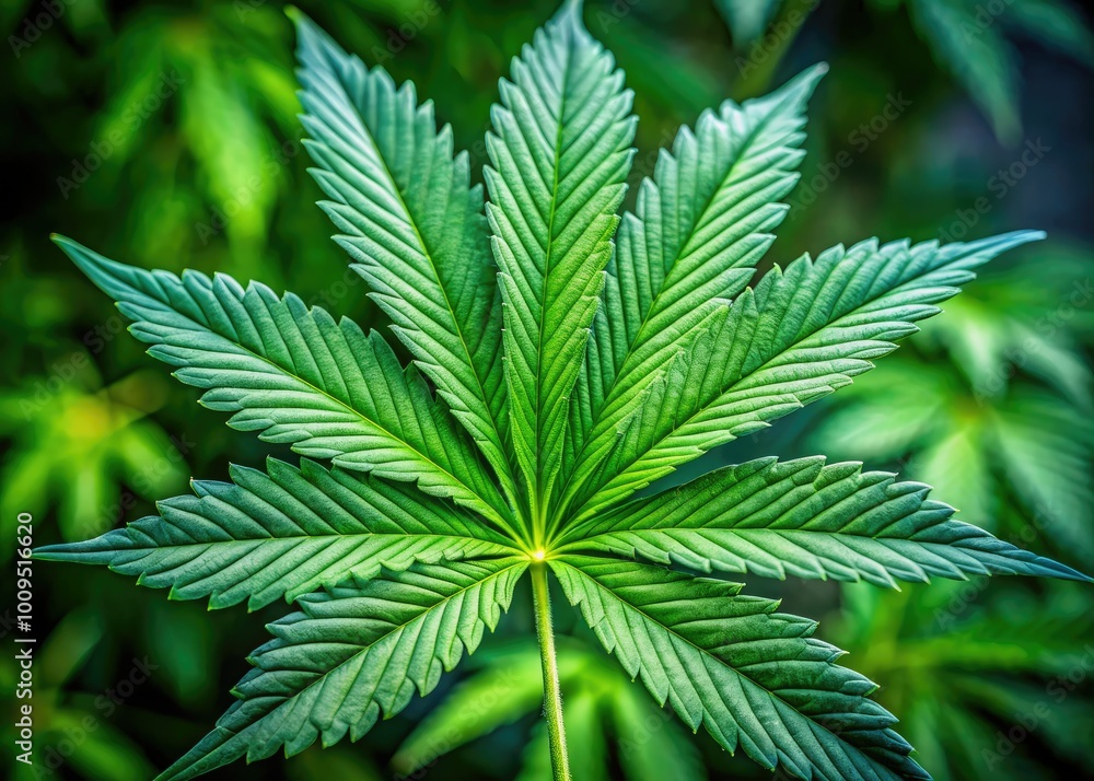 Captivating close-up of a Cannabis Ruderalis leaf, featuring its unique shape and texture, set against a lush green backdrop, emphasizing its striking natural beauty. Captivating close-up of a Cannabis Ruderalis leaf, featuring its unique shape and texture, set against a lush green backdrop, emphasizing its striking natural beauty.