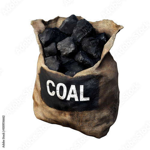 Coal Bag Filled With Black Coal Pieces for Energy Production and Heating Purposes Displayed in a Burlap Sack photo