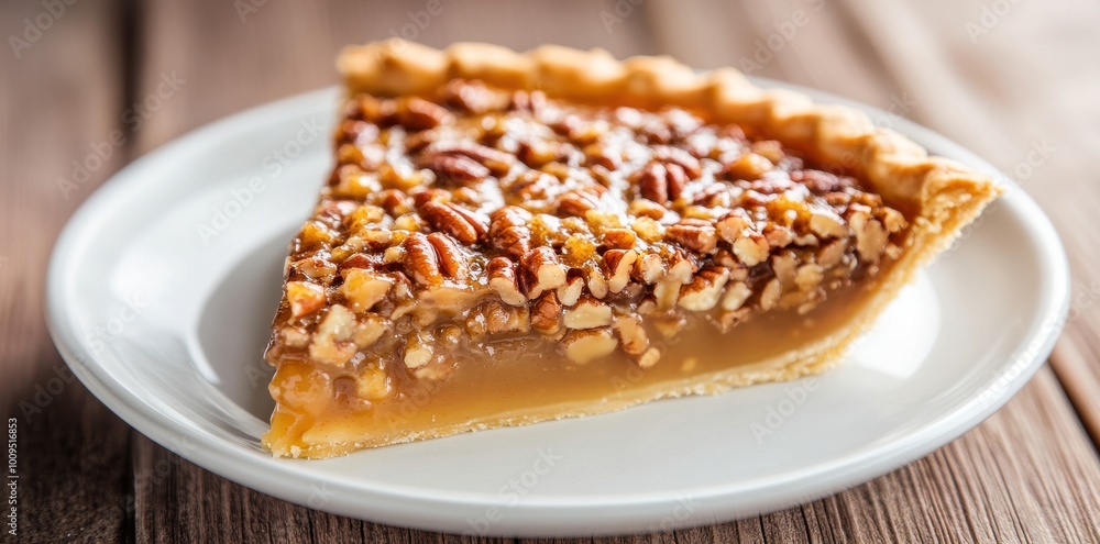 Close-up of pecan pie with sweet filling and golden crust on kitchen table Close-up of pecan pie with sweet filling and golden crust on kitchen table
