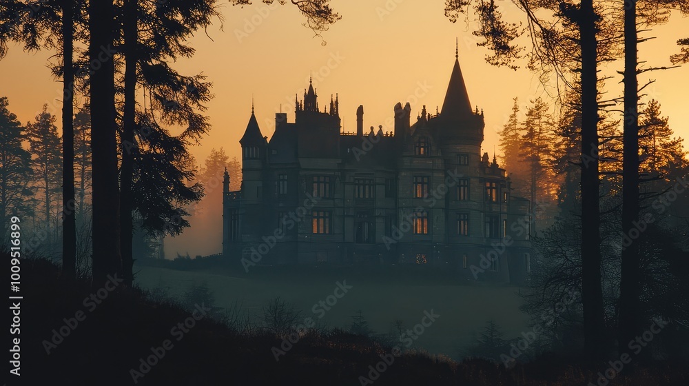 Fototapeta premium An eerie mansion silhouette against a stunning sunset, surrounded by dark trees, creating a mysterious and enchanting atmosphere.