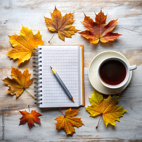 A cozy fall setting with a notebook, pen, and a cup of coffee, surrounded by autumn leaves on a wooden surface, perfect for writing or reflection. photo