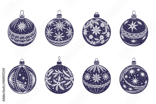 Set of hand drawn silhouettes of Christmas tree balls decorated with snowflakes and Christmas patterns. Illustration
