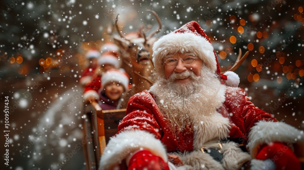 Joyful Santa Claus on a festive sleigh with children, surrounded by snowflakes and sunlight bokeh, Merry Christmas, Happy New Year, banner Joyful Santa Claus on a festive sleigh with children, surrounded by snowflakes and sunlight bokeh, Merry Christmas, Happy New Year, banner