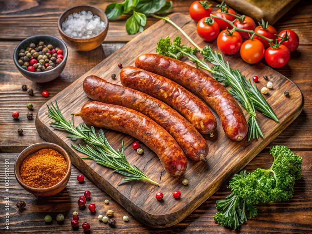 Traditional Kabanos Sausage on a Wooden Cutting Board with Fresh Herbs and Spices for Gourmet Cooking Traditional Kabanos Sausage on a Wooden Cutting Board with Fresh Herbs and Spices for Gourmet Cooking