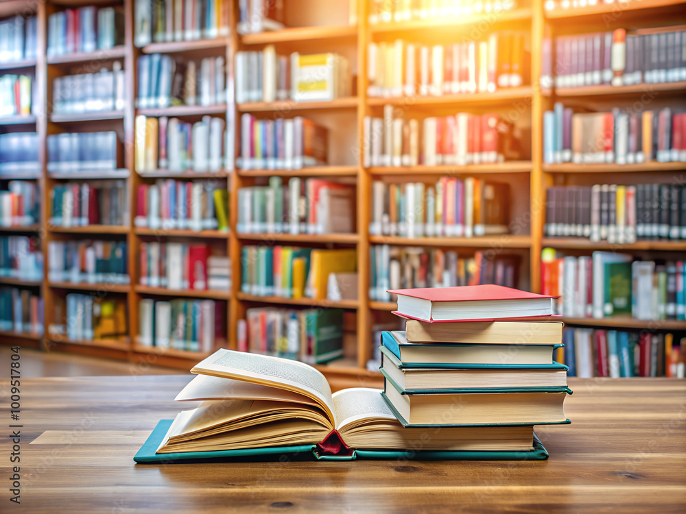 A neat stack of books lies on a wooden table, with rows of bookshelves in the background, creating a warm and academic library setting. A neat stack of books lies on a wooden table, with rows of bookshelves in the background, creating a warm and academic library setting.