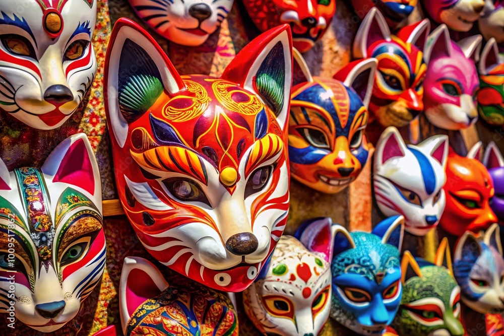 Fototapeta premium Traditional Kitsune Mask with Intricate Designs and Vibrant Colors for Cultural Art and Festivals