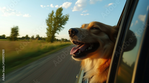 Driver’s Mirror Reflection: Dog Leaning Out the Car Window
