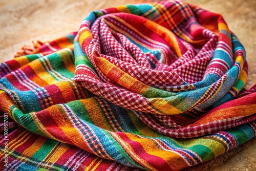 Traditional kefiyeh scarf with intricate patterns and textures in vibrant colors on a neutral background