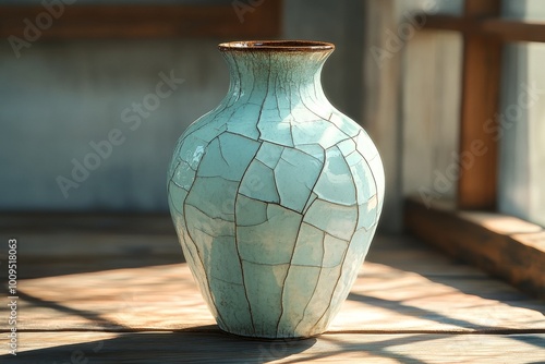 Handcrafted ceramic vase with crackle glaze in sunlight, displaying rustic charm photo