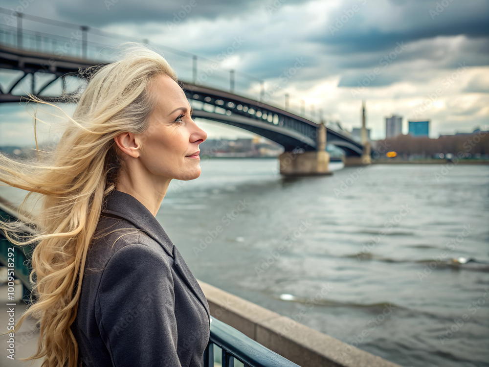 A profile of a blonde woman in a coat standing by a riverbank, gazing out at the water with a serene expression, as the wind blows her hair A profile of a blonde woman in a coat standing by a riverbank, gazing out at the water with a serene expression, as the wind blows her hair