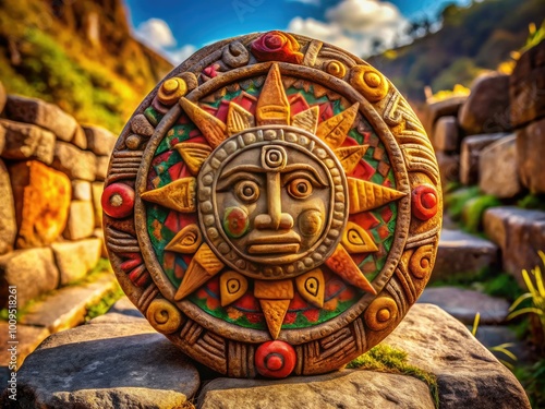 Carved stone emblem of the Inca sun symbolizes the deep cultural heritage of the Andes, reflecting the civilization's reverence for nature and spiritual beliefs. photo