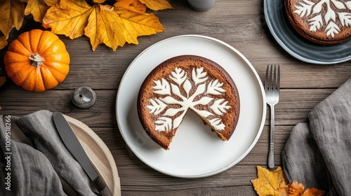 Wallpaper Mural A piece of pumpkin-shaped potato cake sits on a plate, surrounded by natural elements and ingredients for a seasonal dish, showcasing a cozy autumn atmosphere Torontodigital.ca