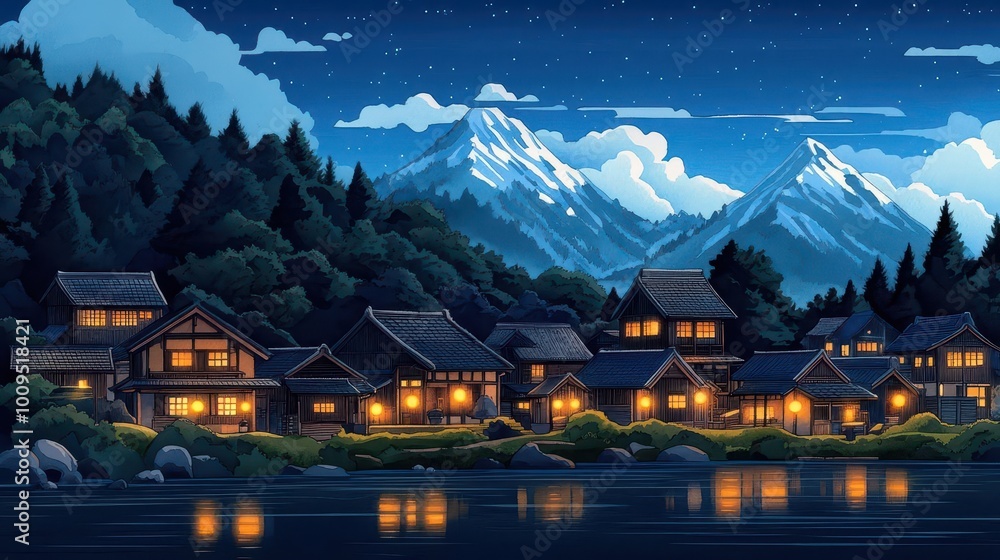 Obraz premium A peaceful Japanese mountain village at dusk, with glowing lanterns, painted with detailed Chinese ink and watercolor techniques