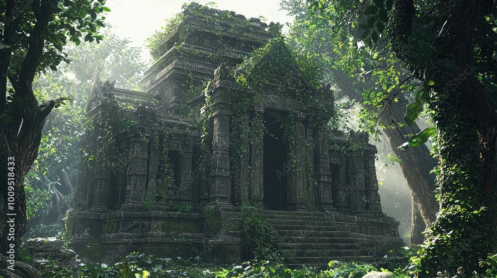 Ancient temple enveloped by lush greenery, showcasing stunning architecture and mysteries of nature in a serene forest setting. Ancient temple enveloped by lush greenery, showcasing stunning architecture and mysteries of nature in a serene forest setting.