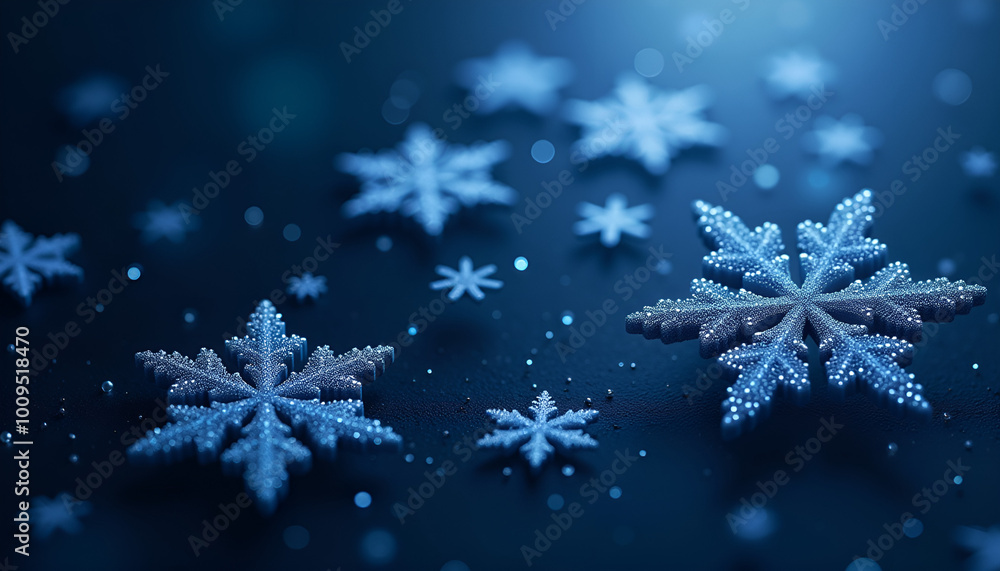 Fototapeta premium Intricate snowflakes with a shimmering effect on a dark blue background, perfect for winter-themed designs