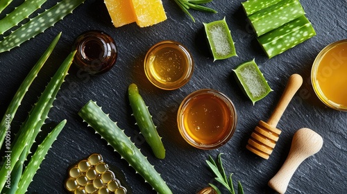 Aromatic aloe vera leaves, honey, and natural products arranged elegantly on a dark surface for wellness and beauty inspiration. photo