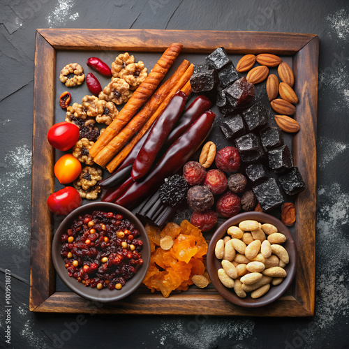 A selection of churchkhela, nuts, and dried fruits arranged on a rustic wooden platter, offering a colorful and healthy assortment. photo