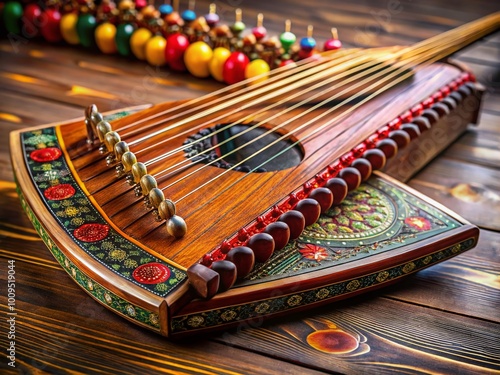 Traditional Qanun Instrument with Strings and Decorative Elements on a Wooden Surface Background photo