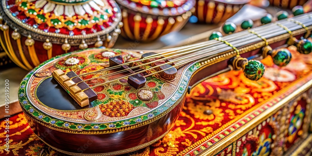 Traditional Sarod Musical Instrument with Intricate Design and Strings on Display for Cultural Showcase Traditional Sarod Musical Instrument with Intricate Design and Strings on Display for Cultural Showcase