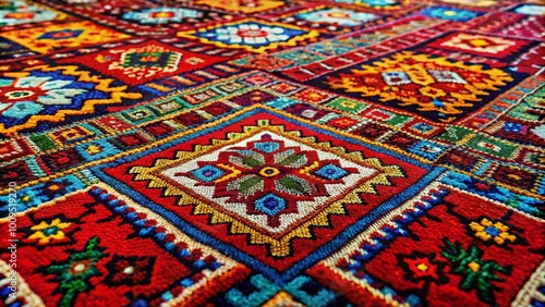 Traditional Sherdor Carpet with Intricate Patterns and Vivid Colors Displayed on a Wooden Floor photo