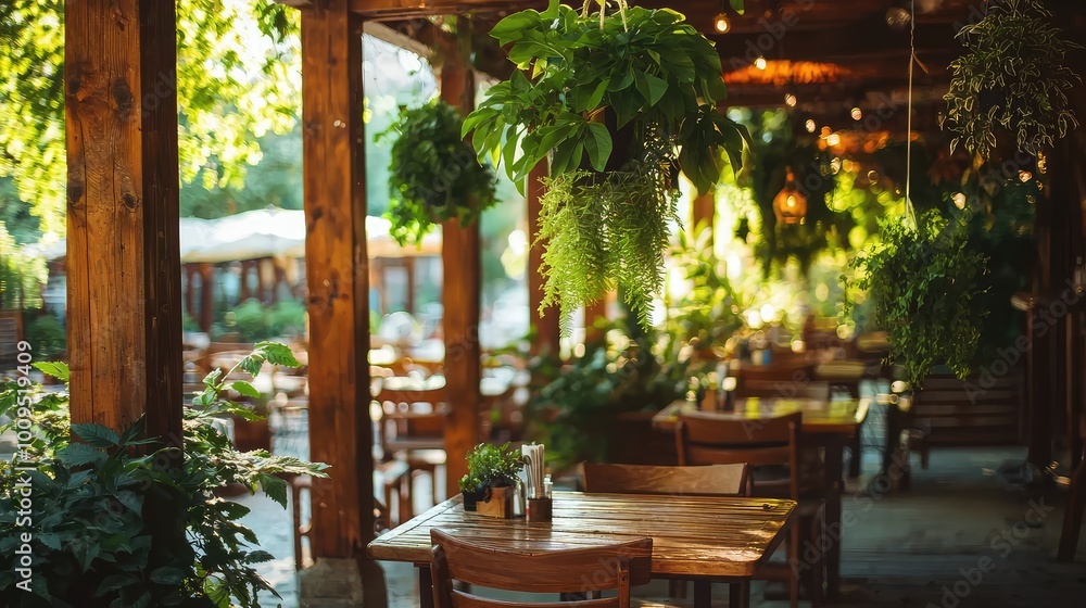 Fototapeta premium Charming restaurant interior with lush greenery, warm wooden decor, and cozy seating, perfect for relaxed dining experiences.