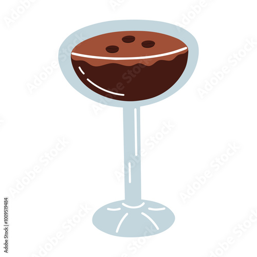 Cartoon espresso martini isolated on white background. Vector illustration of trendy aperitif cocktail. Hand drawn alcohol drink with coffee beans.