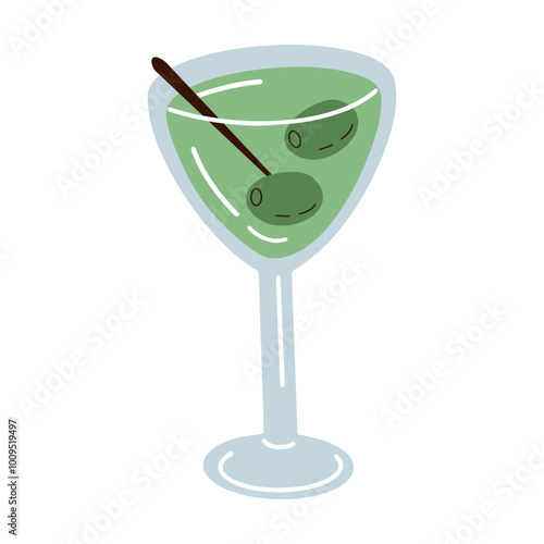 Cartoon dirty martini illustration. Vector illustration of classical cocktail isolated on white background. Hand drawn alcohol drink with olives.