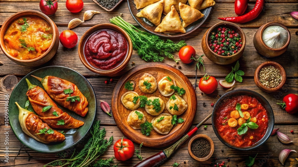 Traditional Tatar Cuisine Dish Served with Fresh Ingredients on a Rustic Wooden Table Setting Traditional Tatar Cuisine Dish Served with Fresh Ingredients on a Rustic Wooden Table Setting