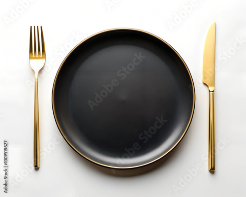A sleek, black ceramic plate is paired with elegant golden cutlery, creating a modern and luxurious dining setup.