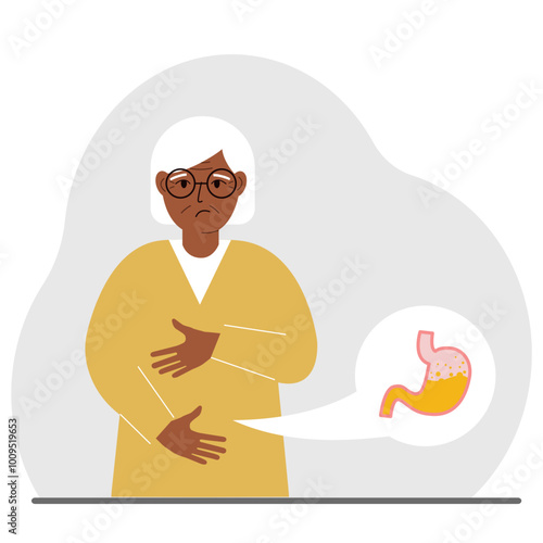 The concept of pain in the abdomen. The old woman holds his stomach with both hands. Problems with the stomach or digestion. Vector flat illustration