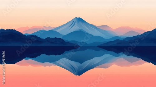 A calm lake reflecting Japan s mountain ranges at dawn, illustrated in traditional Chinese ink and watercolor style