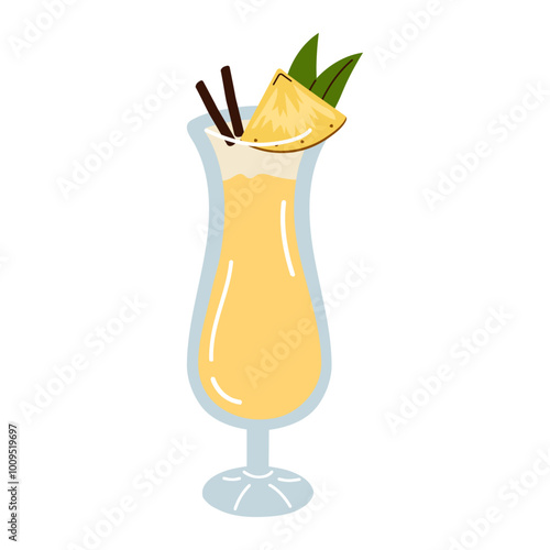 Cartoon tropical cocktail isolated on white background. Vector illustration of pina colada cocktail. Hand drawn summer beverage with pineapple and straw.