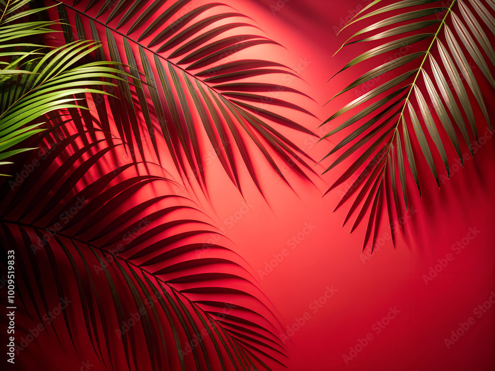 A striking visual with palm leaves casting bold shadows against a vibrant red background, evoking a tropical and artistic vibe.