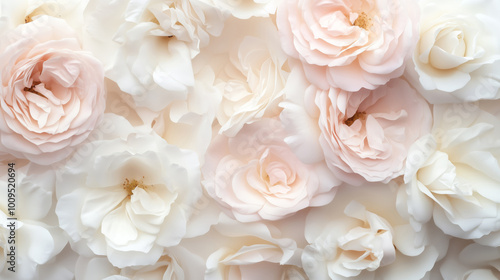 Floral background with close-up view of white and pink rose blossoms
