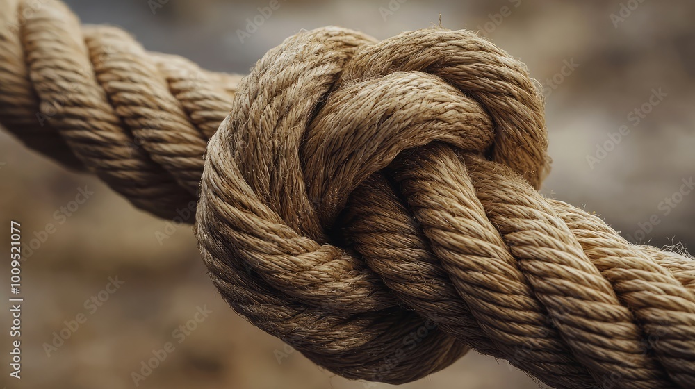 Close-up of a tightly knotted rope, showcasing detailed texture and natural fibers, perfect for maritime or outdoor themes. Close-up of a tightly knotted rope, showcasing detailed texture and natural fibers, perfect for maritime or outdoor themes.