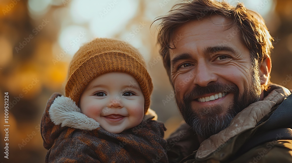 Obraz premium A father and his baby son are smiling at the camera in the autumn.