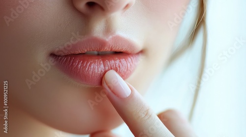 Close-up of a woman's lips, emphasizing beauty, softness, and subtle expressions with a gentle touch of her finger.