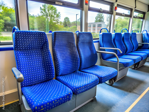 Blue fabric seats in a bus reserved for the elderly or passengers with disabilities, with a bright and clean look, emphasizing comfort and accessibility photo