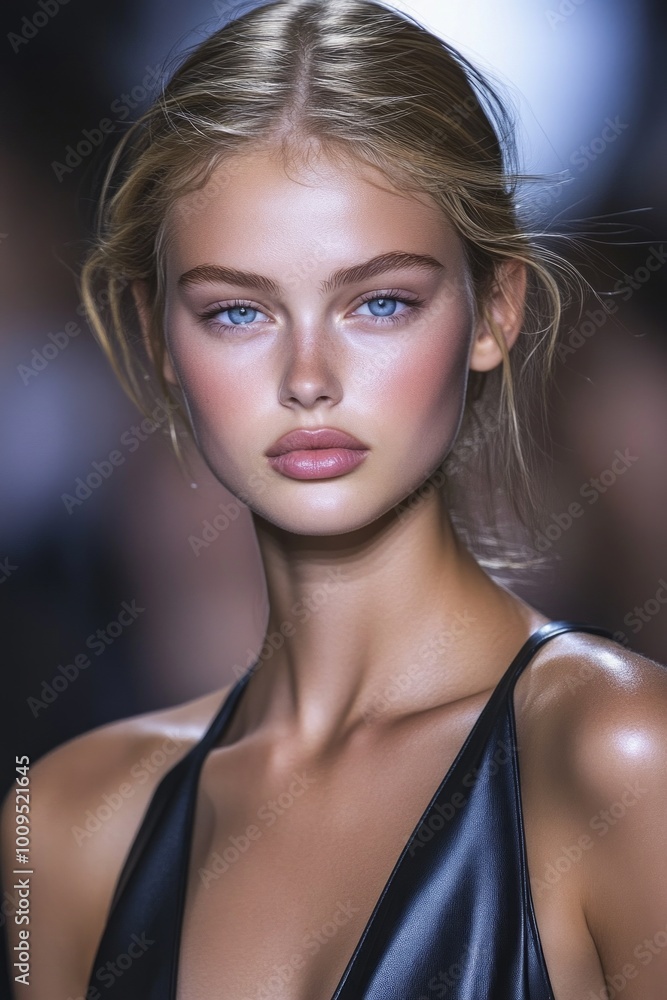 A stunning model with fresh and glowing skin poses confidently. Her powerful gaze captivates the audience. The image captures beauty and elegance. Fashion photography at its best. AI A stunning model with fresh and glowing skin poses confidently. Her powerful gaze captivates the audience. The image captures beauty and elegance. Fashion photography at its best. AI