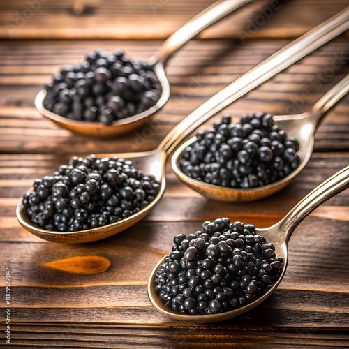 Four spoons filled with rich, black caviar are displayed on a wooden surface, showcasing a luxurious and elegant gourmet delicacy.