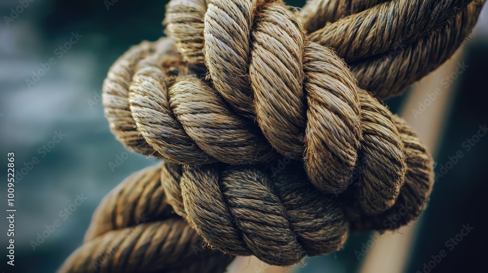 Close-up of textured rope knot, showcasing natural fibers and intricate weave. Ideal for marine and rustic themes. Close-up of textured rope knot, showcasing natural fibers and intricate weave. Ideal for marine and rustic themes.