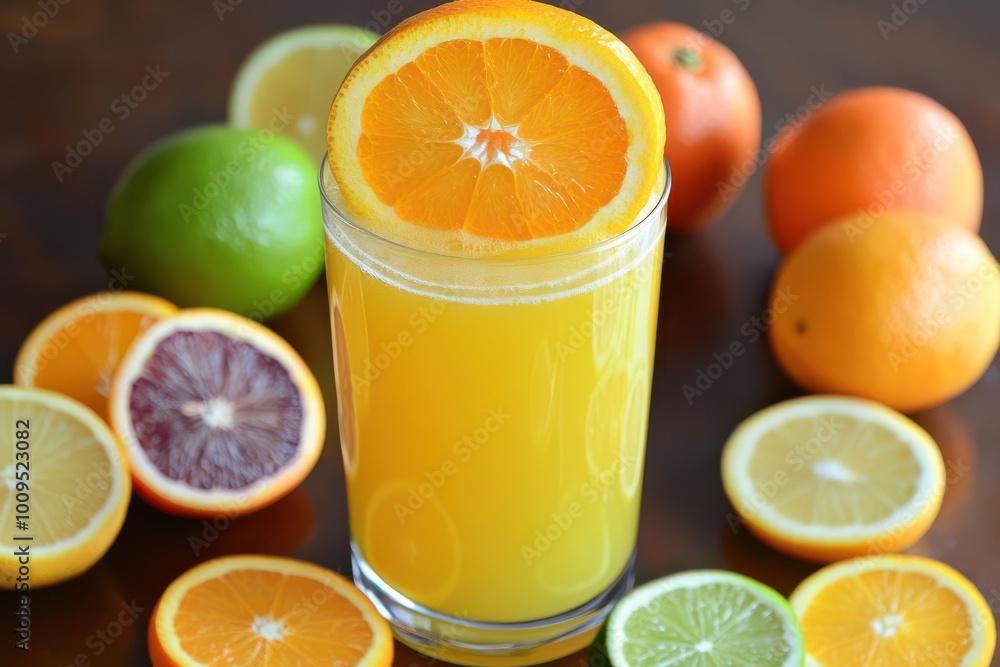 A refreshing glass of orange juice garnished with a slice, surrounded by various citrus fruits. A refreshing glass of orange juice garnished with a slice, surrounded by various citrus fruits.