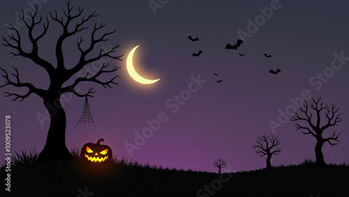 Halloween Night Purple Black Background with pumpkin trees bats