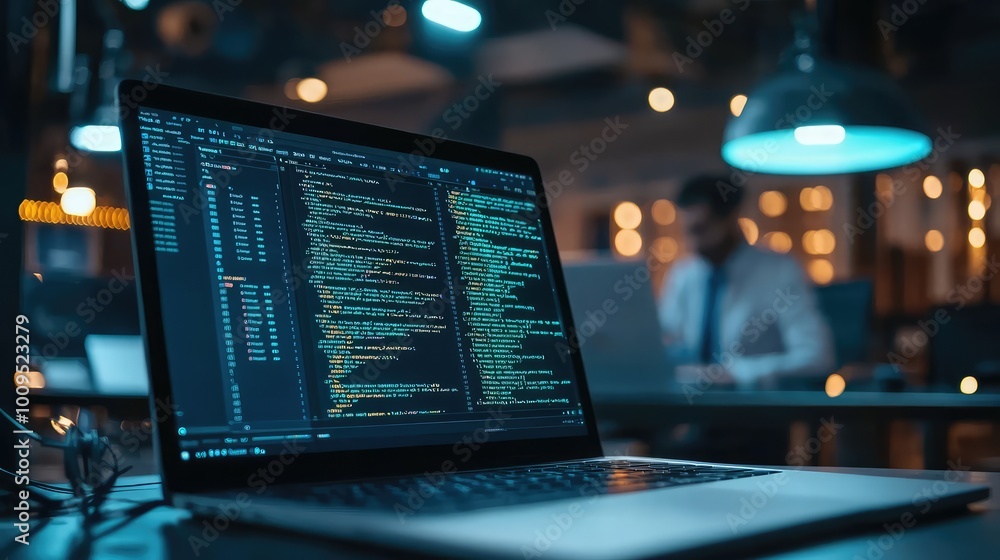 Close-up view of a laptop screen displaying code, with a focused professional in a modern workspace. Ideal for tech and development themes. Close-up view of a laptop screen displaying code, with a focused professional in a modern workspace. Ideal for tech and development themes.