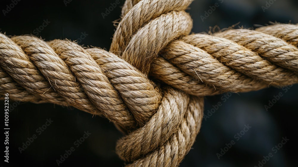 Close-up view of a strong rope knot, showcasing its texture and detail, perfect for maritime, construction, or artistic themes. Close-up view of a strong rope knot, showcasing its texture and detail, perfect for maritime, construction, or artistic themes.