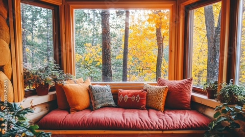 A cozy living room with a window that overlooks a forest