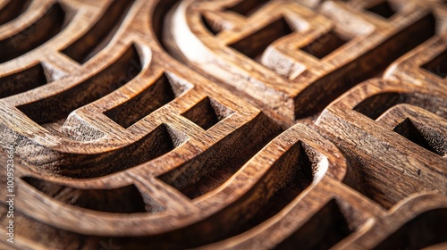 Close-up view of intricate wooden carving showcasing detailed patterns and textures, perfect for decor and design concepts.